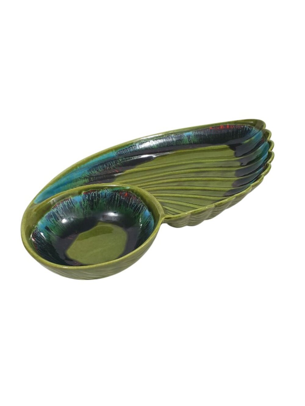 Vintage MCM Sequoia Ware California Pottery Green Blue Divided Serving Dish Dip